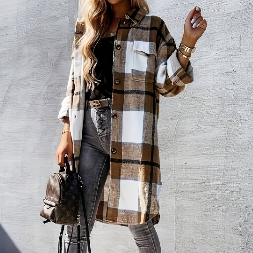Unbranded Plaid Brown Long Length Jacket‎ Casual Button Front Flap Pockets NEW S